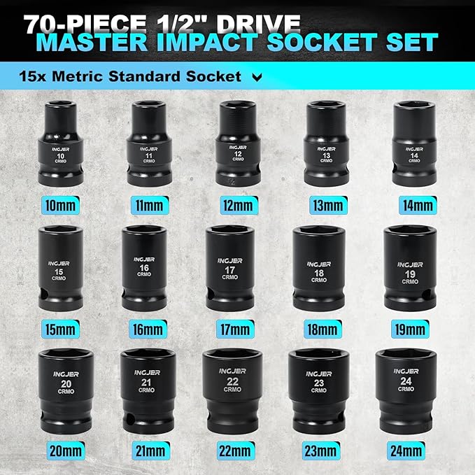 1/2" Drive Impact Socket Set, 70 Piece SAE 3/8" to 1-1/4" and Metric 10-24mm, 6 Point Cr-MO Alloy Steel for Auto Repair, Easy-to-Read Size Markings, Rugged Construction, Storage Case