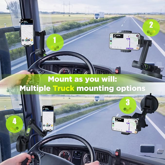 Cell Phone Mount for Truck Phone Holder for Truck Drivers - Heavy Duty Suction Cup, iPhone Holder for Dashboard Window 16.9 inch Long, for iPhone & Samsung, 18 Wheeler Trucker, Gray