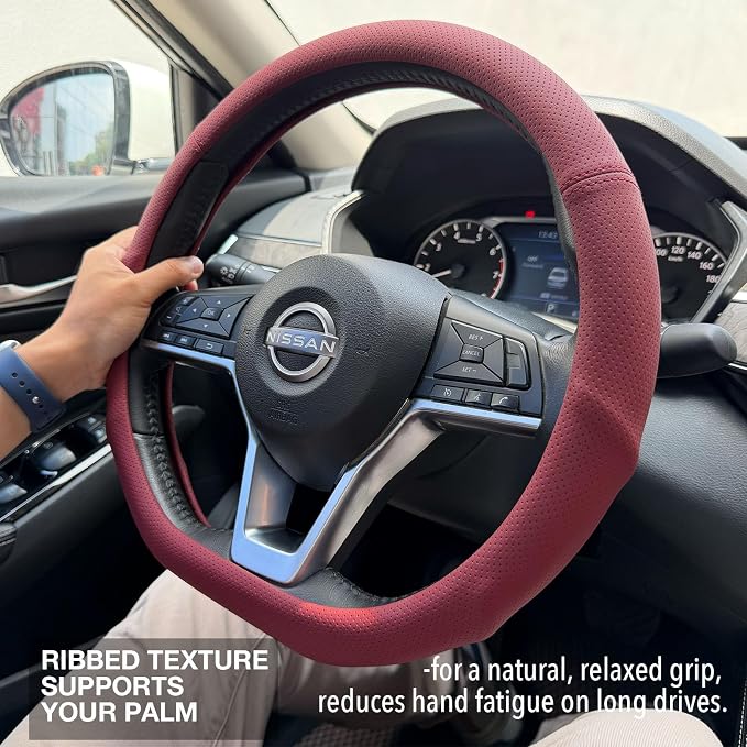 PINCTROT D Shaped Nappa Leather Steering Wheel Cover with Ergonomic Palm Support Grip, Full Perforated Breathable, Slim Fit No Bulk Design, Flat Bottom 14.5-15 Inch (Burgundy Red)