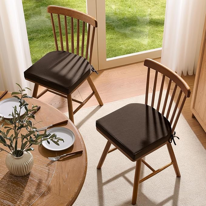 downluxe Chair Cushions for Dining Chairs, Memory Foam Linen Kitchen Chair Pads with Ties, Waterproof, Stain-Resistant and Washable Cover, 17" x 16" x 2.5", Brown, 2 Pack