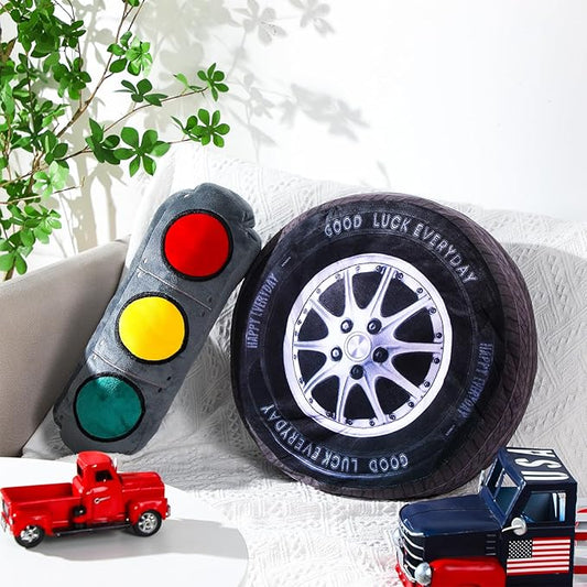 Woanger 2 Pcs Race Car Room Decor Racing Plush Throw Pillow Set Gift 15.7 Inch Soft 3D Simulation Wheel Pillow Funny Tire Cone Traffic Light and Stop for Valentines Bedroom Decorations(Traffic Light)