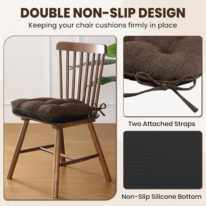 downluxe Indoor Chair Cushions for Dining Chairs, Tufted Overstuffed Textured Foam Kitchen Chair Pads with Ties and Non-Slip Backing, 15.5" x 15.5" x 4", Brown, 6 Pack