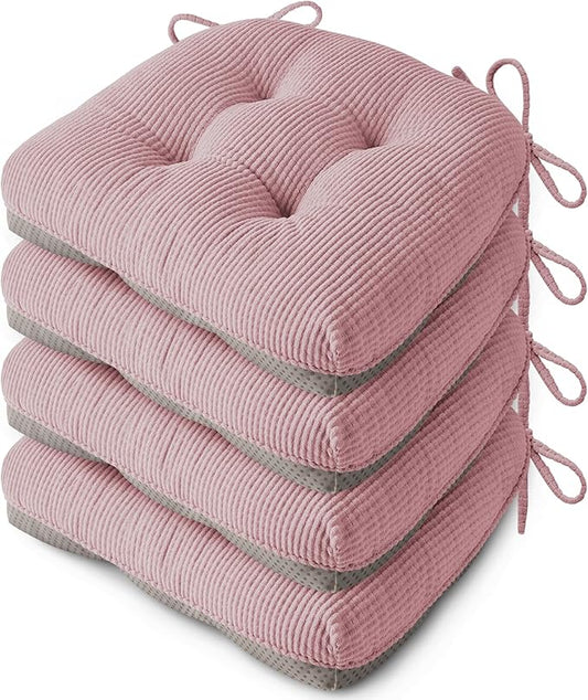 Indoor Kitchen Chair Cushions Set of 4 18"X16.5"X3" Soft Anti Slip Dining Chair Pads Tufted Kitchen Seat Cushion with Ties, Light Pink