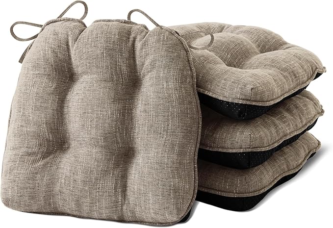 IPYNBAP Chair Cushions for Dining Chairs Set of 4, Kitchen Chair Cushions, Chair Pads with Ties and Non Slip Backing, Tufted Memory Foam Seat Cushion 4 Pack, 15.5" x 15.5" x 4", Khaki