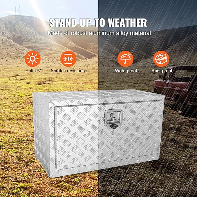 VEVOR Underbody Truck Box, 30"×17"×18" Pickup Storage Box, Heavy Duty Aluminum Diamond Plate Tool Box with Lock and Keys, Waterproof Trailer Storage Box with T-Handle Latch for Truck, Van, Trailer