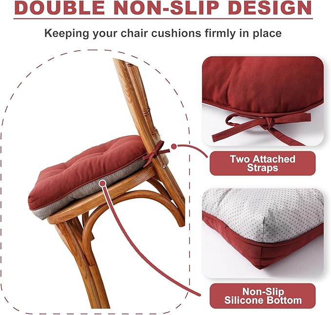 Battilo Chair Cushions Set of 2 for Dining Chairs, Seat Cushions for Kitchen Chairs with Non-Slip Backing, Indoor/Outdoor Waterproof Chair Seat Pads with Ties, 15.5"x15.5"x4", Red