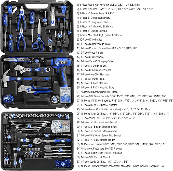 Prostormer Tool Set with 8V Cordless Drill, 369-Piece Home Tool Kit with Drill Driver, Toolbox Storage Case with Drawer, General Household Tools for Home Repairs and DIY, Handyman (Blue)