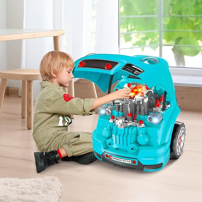 Qaba Truck Engine Toy, Kids Mechanic Set with Lights, Sounds, Steering Wheel and Horn, Pretend Car Service Station Play with 61-Piece Included for Kids Aged 3+, Blue