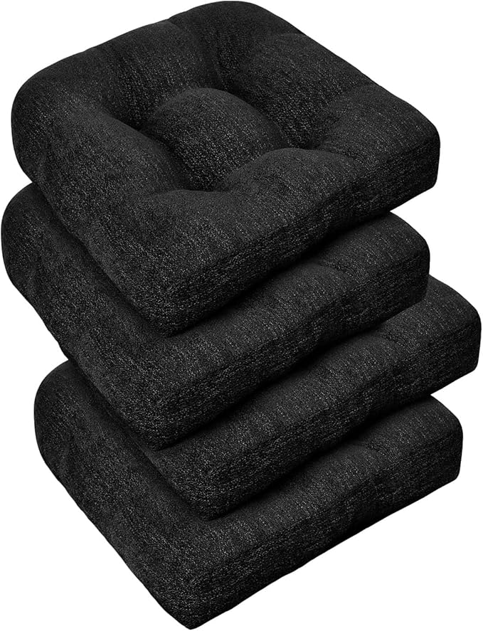 downluxe Chair Cushions for Dining Chairs 4 Pack, Tufted Indoor Chair Pads with Non-Slip Bottom, U-Shaped Kitchen Chair Cushions, 17"x17"x4", Black