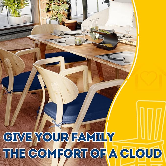 AAAAAcessories D-Shaped Chair Cushions, 2" Thick Dining Chair Pads with Ties and Removable, Machine-Washable Cover, 17" x 16", Blue