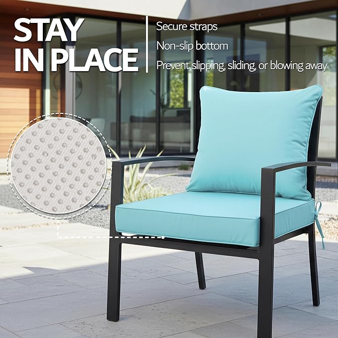 22x22 Inch Patio Chair Cushions Set of 2, Outdoor Furniture Cushions - Removable Cover, Water-Repellent, Fade-Resistant, Non-Slip Bottom & Straps, Replacement for Lawn, Porch & Deck Chair - Light Blue