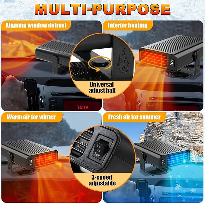 Car Heater,12V 200W Portable Heater for Car,360° Rotatable Defroster for Car Windshield,2-in-1 Heating and Cooling Fan Plug in Cigarette Lighter Car Heaters for Vehicle,SUV,RV