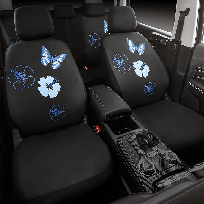 CAR PASS Blue Butterfly Car Seat Covers Full Set, Embroidered Flower Waterproof Car Floor Mats Carpet, Butterflies Steering Wheel Cover for Universal Car Accessories Interior Sets (Black and Blue)