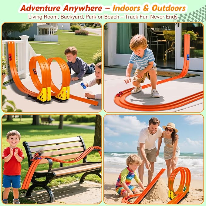 Flexible Race Track Toys for Kids: 15 Ft Rolls Up DIY Racetrack with 4 Cars & 10 Suction Cups - Compatible with Hot Wheels and Diecast 1/64th Cars - Birthday Gifts for Age 3-8 Years Old Boys Girls