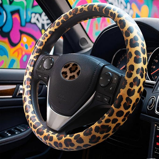 Universal Leather Leopard Cheetah Steering Wheel Cover Women 14.5-15 inch Leopard car Accessories Western Anime Brown Cute Wheel Cover Hip Hop Anti-Slip Car Protecter for Men