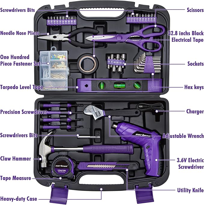 CARTMAN 149-piece Tool Set with Purple Cordless Screwdriver Essential Household Tool Box Hand Tool Kit