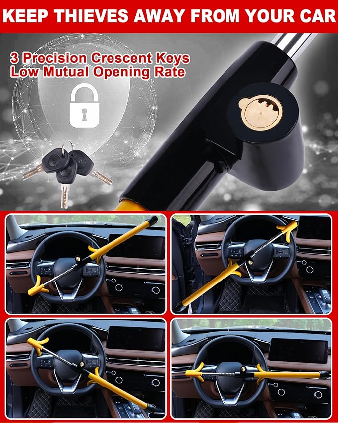 Tevlaphee Car Steering Wheel Lock Great Deterrent Adjustable Car Lock Steering Wheel Anti Theft Car Device for Vehicles,Trucks,Vans,SUVs (Yellow)
