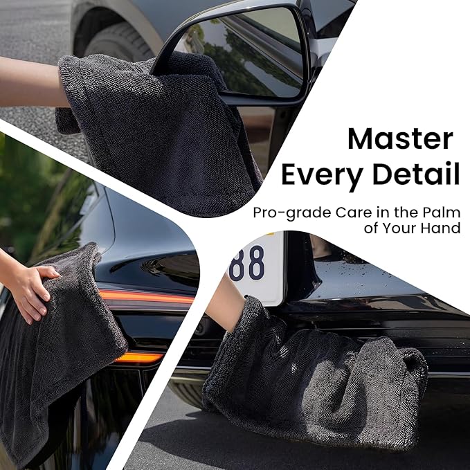 REEVAA Twisted Loop Car Drying Towel, [1300GSM, Pro-Grade Care] Car Microfiber Cleaning Cloth Accessories, Streak Free, Lint Free, Reusable, 2Pcs (36"×24"+16"×16"), Black Gray