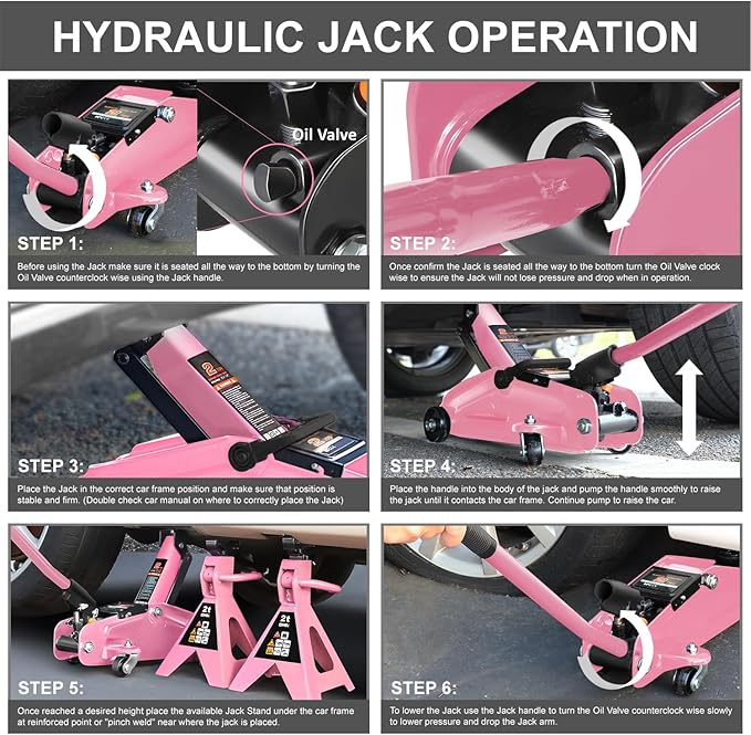 DNA Motoring 2 Ton Car Jack and Stands Kit 2T(4000 lbs) Capacity Low Profile Hydraulic Trolley Service/Floor Jack with 2 Ratchet Stands Combo for Home Garage Shop, Pink, TOOLS-00476-PK