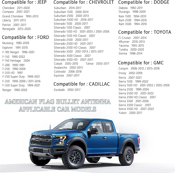 Car Bullet Antenna,Truck Exterior Decoration Accessories Car Vehicle Replacement Antenna Conpatible with Ford F150 RAM 1500 GMC Heavy Duty Pickup Trucks Accessories (New Upgrade Blue-U.S. Flag)
