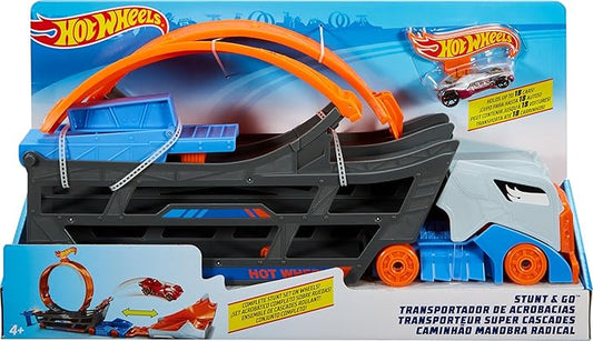 Hot Wheels Transporter Truck Mobile Playset Large Loop Collapsible Launcher Room for 18 Die-Cast 1:16 Vehicles Ages 3 and Up