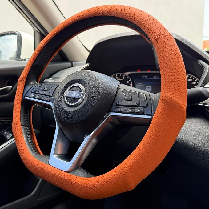 PINCTROT D Shaped Nappa Leather Steering Wheel Cover with Ergonomic Palm Support Grip, Full Perforated Breathable, Slim Fit No Bulk Design, Flat Bottom 14.5-15 Inch (Hot Orange)