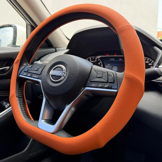 PINCTROT D Shaped Nappa Leather Steering Wheel Cover with Ergonomic Palm Support Grip, Full Perforated Breathable, Slim Fit No Bulk Design, Flat Bottom 14.5-15 Inch (Hot Orange)