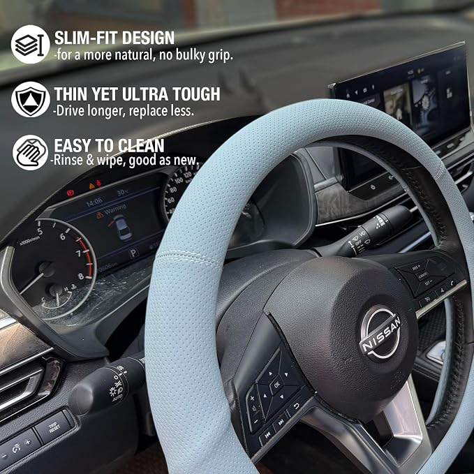 PINCTROT D Shaped Nappa Leather Steering Wheel Cover with Ergonomic Palm Support Grip, Full Perforated Breathable, Slim Fit No Bulk Design, Flat Bottom 14.5-15 Inch (Ice Blue)