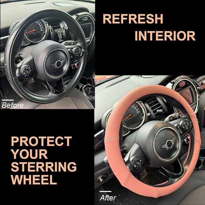 PINCTROT Nappa Leather Steering Wheel Cover with Ergonomic Palm Support Grip, Full Perforated Breathable, Slim Fit No Bulk Design, Universal 14.5-15 Inch (Maple Brown)