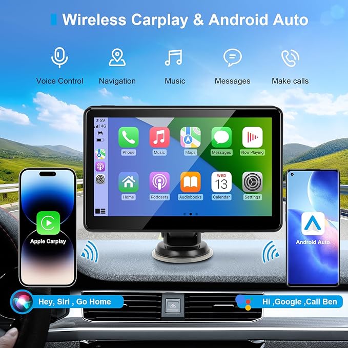 Portable Wireless CarPlay Screen for Car, 7" HD Touch Screen for Car with CarPlay and Android Auto, Pantalla para Carros with Bluetooth/AUX/FM Transmitter/Voice Control/Navigation for All Vehicles