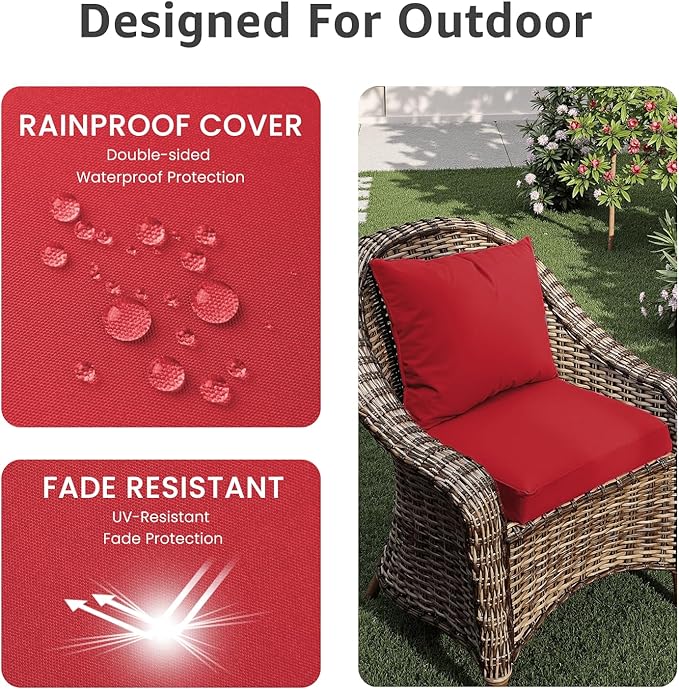 PatioGlow Outdoor Chair Cushions 19 x 19 x 3 Inch, Waterproof & Fade Resistant Patio Seat Cushion for Furniture with Handle and Ties, Thick Seating Pads for Outside Sofa Couch Set of 2, Red
