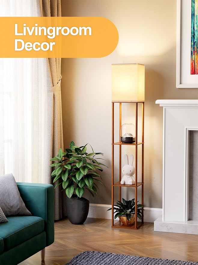 PARTPHONER Floor Lamp with Shelves for Living Room Walnut Brown 2 Pack, Shelf Floor Lamp with 3 CCT LED Bulb, Corner Display Standing Column Lamp Etagere Organizer Tower Nightstand for Bedroom