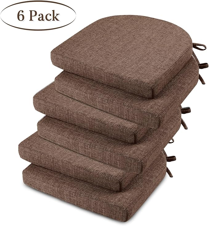 Basic Beyond Chair Cushions for Dining Chairs 6 Pack, Kitchen Chair Cushions with Ties and Non Slip Backing, 16 x 16 inches Chair Pads for Dining Chairs (Brown)