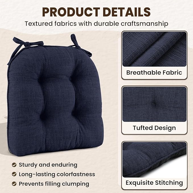 downluxe Indoor Chair Cushions for Dining Chairs, Tufted Overstuffed Textured Foam Kitchen Chair Pads with Ties and Non-Slip Backing, 15.5" x 15.5" x 4", Navy, 4 Pack