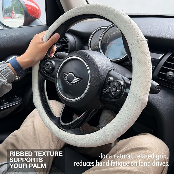 PINCTROT Large Size Nappa Leather Steering Wheel Cover with Ergonomic Palm Support Grip, Full Perforated Breathable, Slim Fit No Bulk Design,15.5-15.75 Inch(Cream White)
