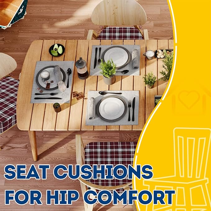 AAAAAcessories D-Shaped Chair Cushions, 2" Thick Dining Chair Pads with Ties and Removable, Machine-Washable Cover, 17" x 16", Set of 8, Red Checkered