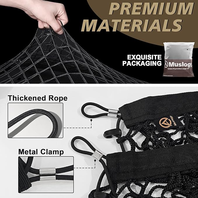 Muslogy Truck Bed Cargo Net Trunk Netting Compatible with 2021-2025 2026 Jeep Grand Cherokee L (3-Row GCL) Accessories, Pickup Cargo Organizer SUV Sedan Storage Net w/Heavy Duty Carabiners