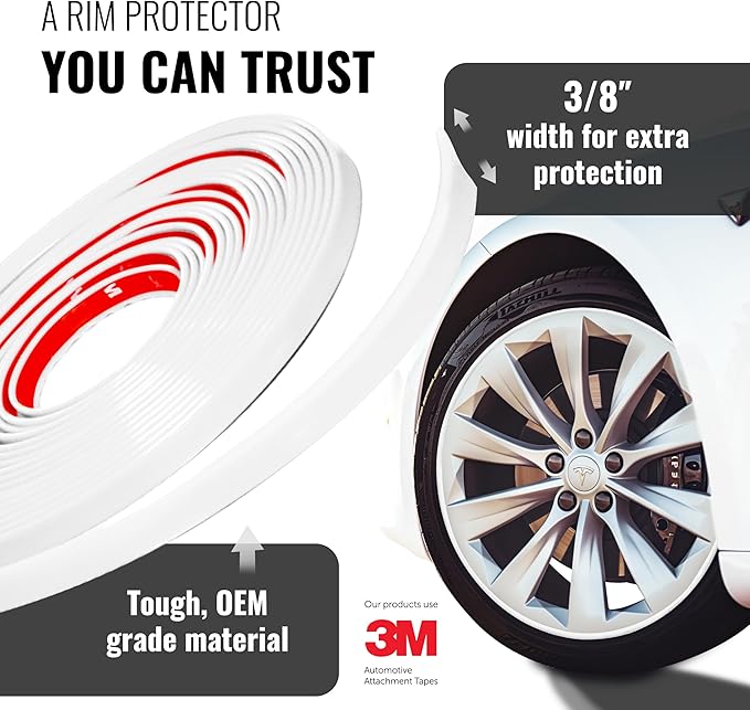 All-Fit Automotive Rim Trim – Durable DIY Car Exterior Accessories for Curb Rash Protection – Fits Up to Four 24” Wheels – Flexible, Durable Wheel Rim Protector (3/8″ width/White)