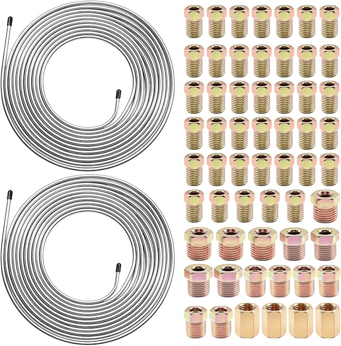 60Pcs 2 Sets 3/16 Inch 25 FT Brake Line Tubing Kit with 58 Pcs Brake Line Fittings, Zinc Coated Alloy Steel Brake Lines Kit Replacement for Hydraulic Fuel Transmission Line