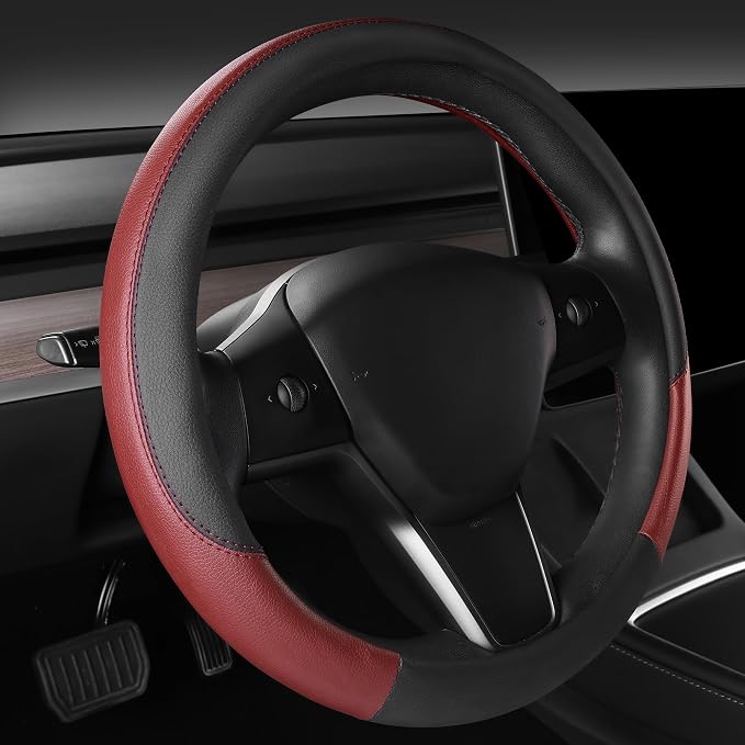 CAR PASS Faux Leather Steering Wheel Cover and Waterproof Car Floor Mats, Universal Car Combo Fit for 95% Sedan,SUV,Cars, 14.5-15inch Sporty Anti-Slip Safety Comfortable Design Burgundy