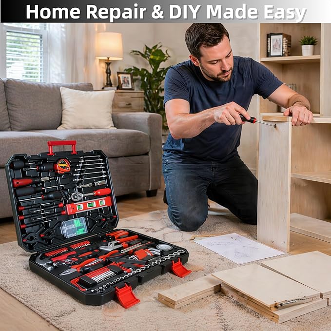 238 Piece Home Repair Tool Kit, Basic Household Hand Tool Set with Portable Hard Case, General Daily Maintenance Tool Box for Homeowner DIY Projects, Black&Red