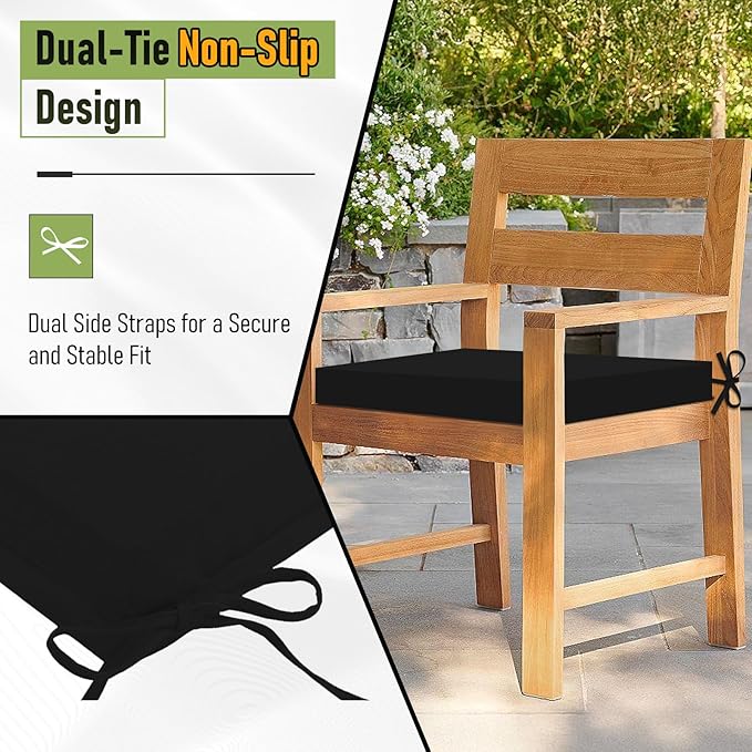 Basic Beyond Outdoor Chair Cushions Set of 2, Square Corner Outdoor Cushions for Patio Furniture, Water Resistant Patio Chair Cushions with 2 Ties, 18.5x16x3, Black