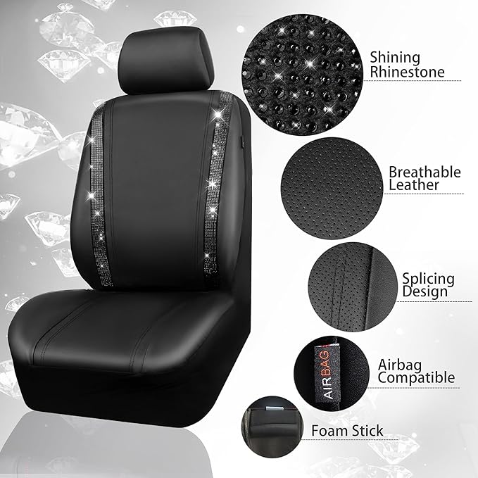 CAR PASS Bling Diamond Leather Car Seat Covers 11 PCS, Sparkly Rhinestone Steering Wheel Cover Glitter Cute Interior Car Accessories Sets Seat Belt Cushion Cup Holder Coaster Women Girl, Black Diamond