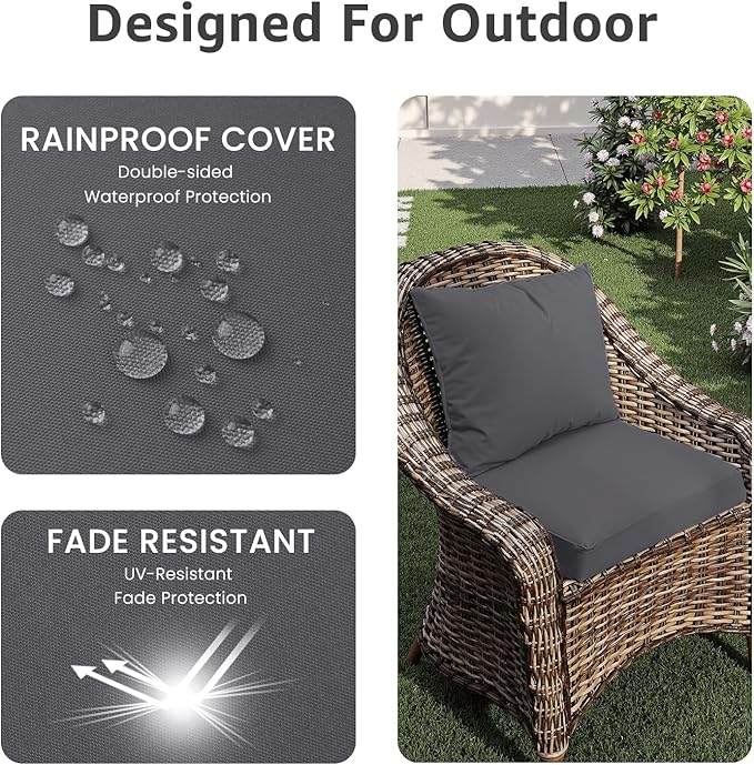 PatioGlow Outdoor Chair Cushions 18 x 18 x 3 Inch, Waterproof & Fade Resistant Patio Seat Cushion for Furniture with Handle and Ties, Thick Seating Pads for Outside Sofa Couch Set of 2, Grey
