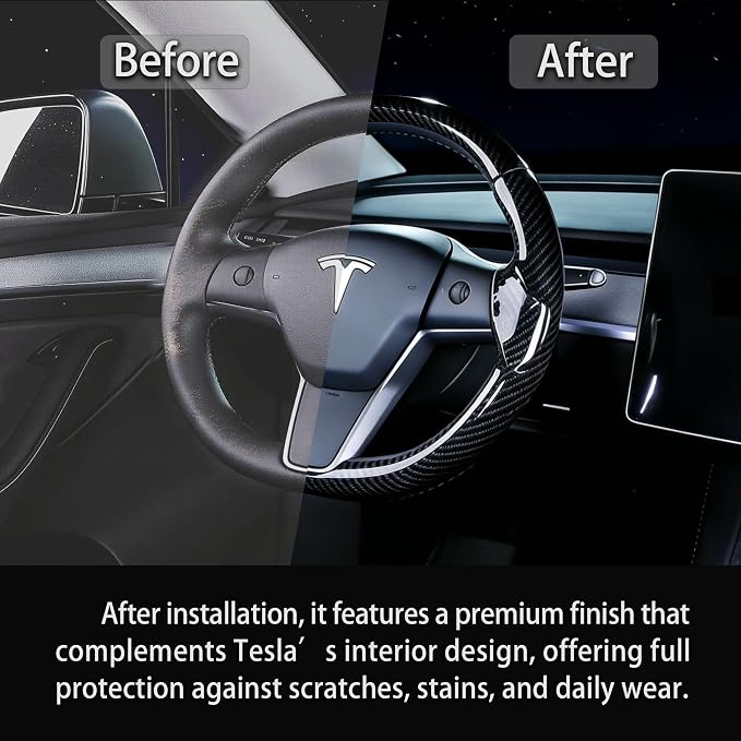 Steering Wheel Cover for Tesla Model 3 2017-2023 & Model Y 2020-2024 | Carbon Fiber，Anti-Slip, Wear & Heat Resistant, Easy to Install, Stylish Sport Design