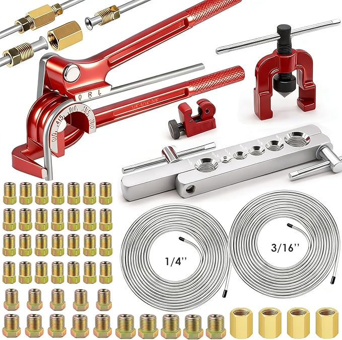 smseace 55Pack 3/16 Inch+1/4 Inch Brake line kit include 25 FT Zinc-plated brake lines with fitting(32pcs Fittings,4pcs Union+8pcs Nut) brake line bender,Single flare tool,cutter Brake line kit
