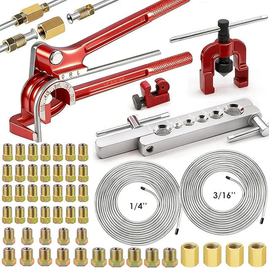 smseace 55Pack 3/16 Inch+1/4 Inch Brake line kit include 25 FT Zinc-plated brake lines with fitting(32pcs Fittings,4pcs Union+8pcs Nut) brake line bender,Single flare tool,cutter Brake line kit