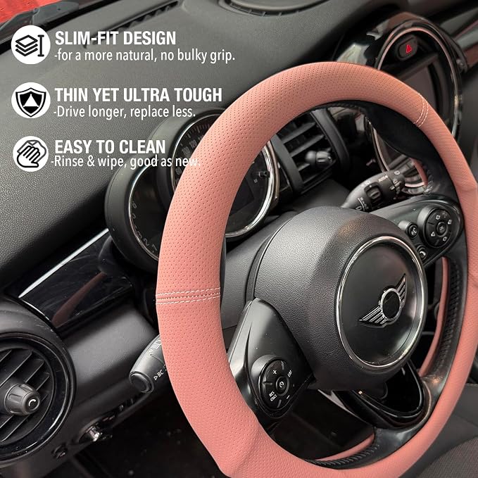 PINCTROT Nappa Leather Steering Wheel Cover with Ergonomic Palm Support Grip, Full Perforated Breathable, Slim Fit No Bulk Design, Universal 14.5-15 Inch (Maple Brown)