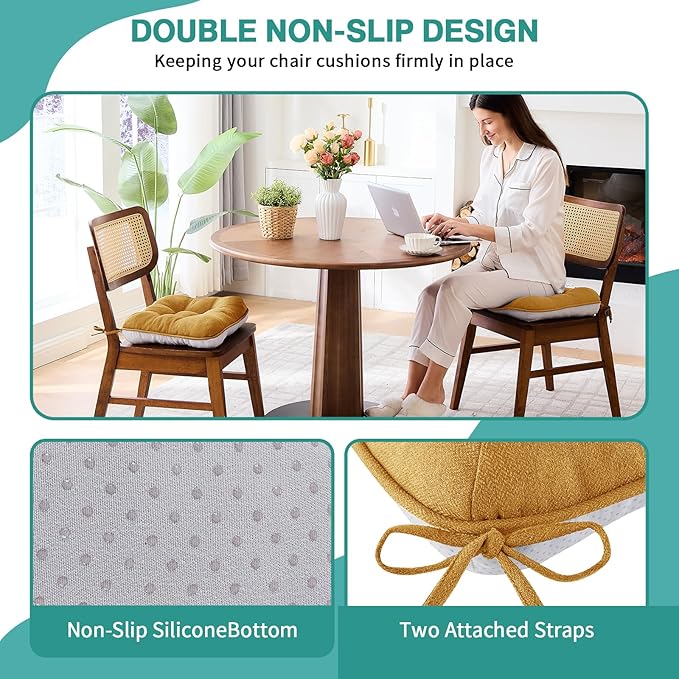 BETU Chair Cushions for Dining Chairs Set of 4,3.5" Thick Kitchen Table Chair Pads with Ties,Non Slip Backing and Covers, Seat Cushion for Dining Room,Bar,Patio Chairs,15.5"X15.5"X3.5",Yellow