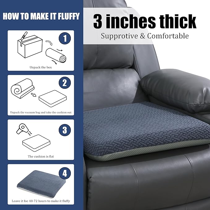 HOMBYS Tufted Furry Recliner Seat Cushion for Elderly Foam Curved Edge Large Square Seat Cushion for Recliner Chair, Floor Pillow, Office Chair, Car, No Pressure on Thighs(Grey, 18 * 16 * 3in)